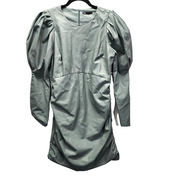 Zara Faux Leather‎ Ruched Puff Sleeve Dress Sold Out Seafoam Green Large - Picture 2 of 16